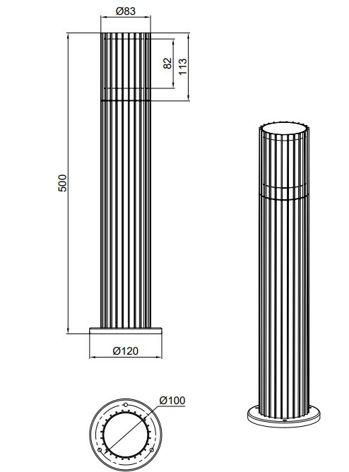 Technische Zeichnung einer Aussen-Sockelleuchte mit zylindrischem Design, seitliche und obere Perspektive, Höhe 500 mm, Durchmesser 120 mm.