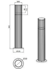 Technische Zeichnung einer Aussen-Sockelleuchte mit zylindrischem Design, seitliche und obere Perspektive, Höhe 500 mm, Durchmesser 120 mm.