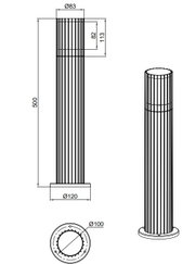 Technische tekening van een buitenplintlamp met cilindrisch ontwerp, zijaanzicht en bovenaanzicht, hoogte 500 mm, diameter 120 mm.