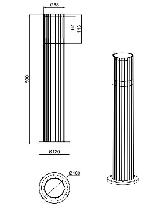 Technische tekening van een buitenplintlamp met cilindrisch ontwerp, zijaanzicht en bovenaanzicht, hoogte 500 mm, diameter 120 mm.