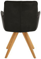 Rückansicht eines schwarzen Design-Schalensessels mit Holzbeinen.