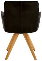 Rückansicht eines schwarzen Design-Schalensessels mit Holzbeinen.