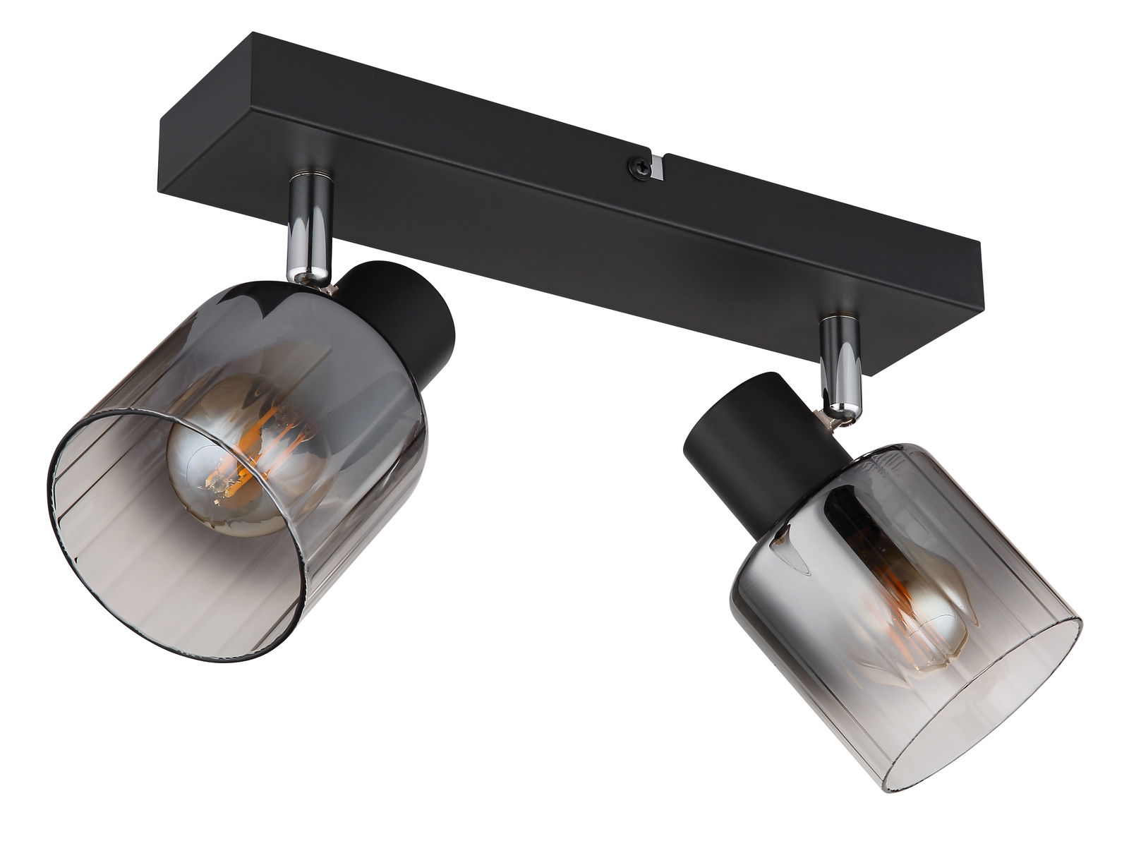 Zweiflammiger Strahler mit rauchgrauen Gläsern und schwarzer Halterung, seitliche Perspektive