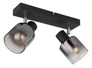 Zweiflammiger Strahler mit rauchgrauen Gläsern und schwarzer Halterung, seitliche Perspektive