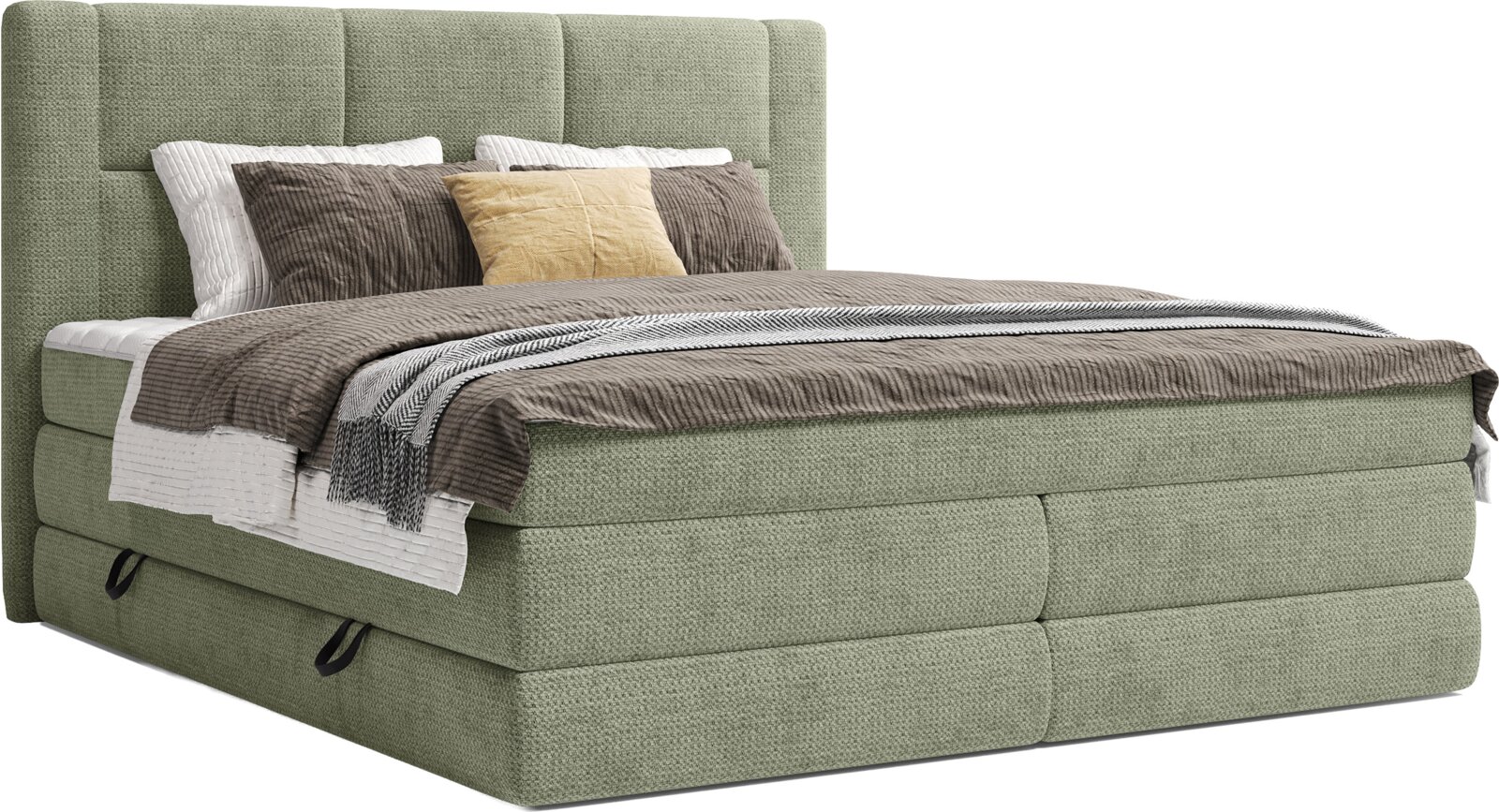 Groen gestoffeerd boxspringbed met hoog, rechthoekig gecapitonneerd hoofdbord, opgemaakt met grijs beddengoed en kussens, schuin van voren gefotografeerd.