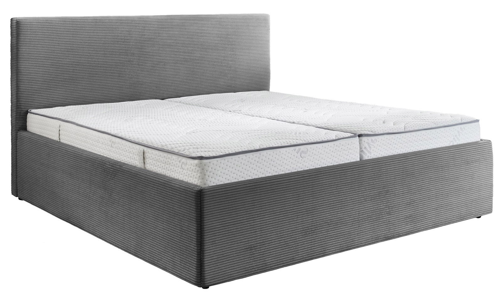 Graues Polsterbett 160x200 mit gestepptem Kopfteil, seitliche Perspektive