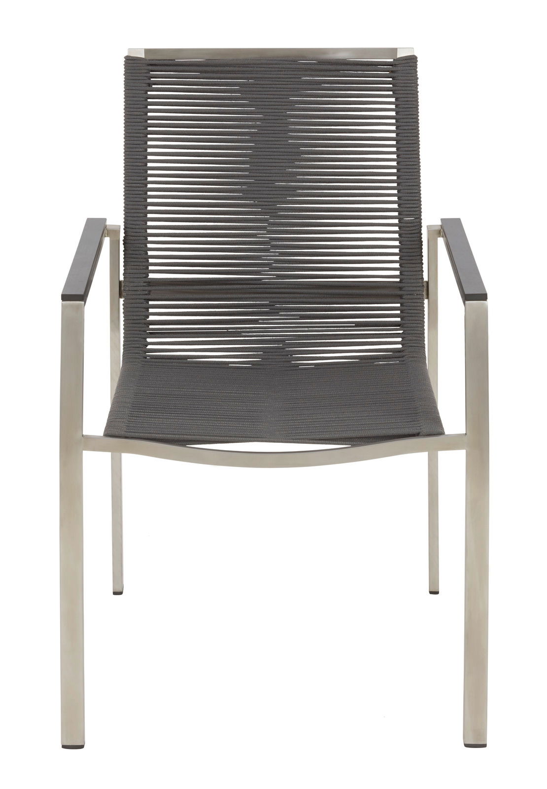 Moderner Gartensessel mit Metallrahmen und geflochtener Sitzfläche, Vorderansicht