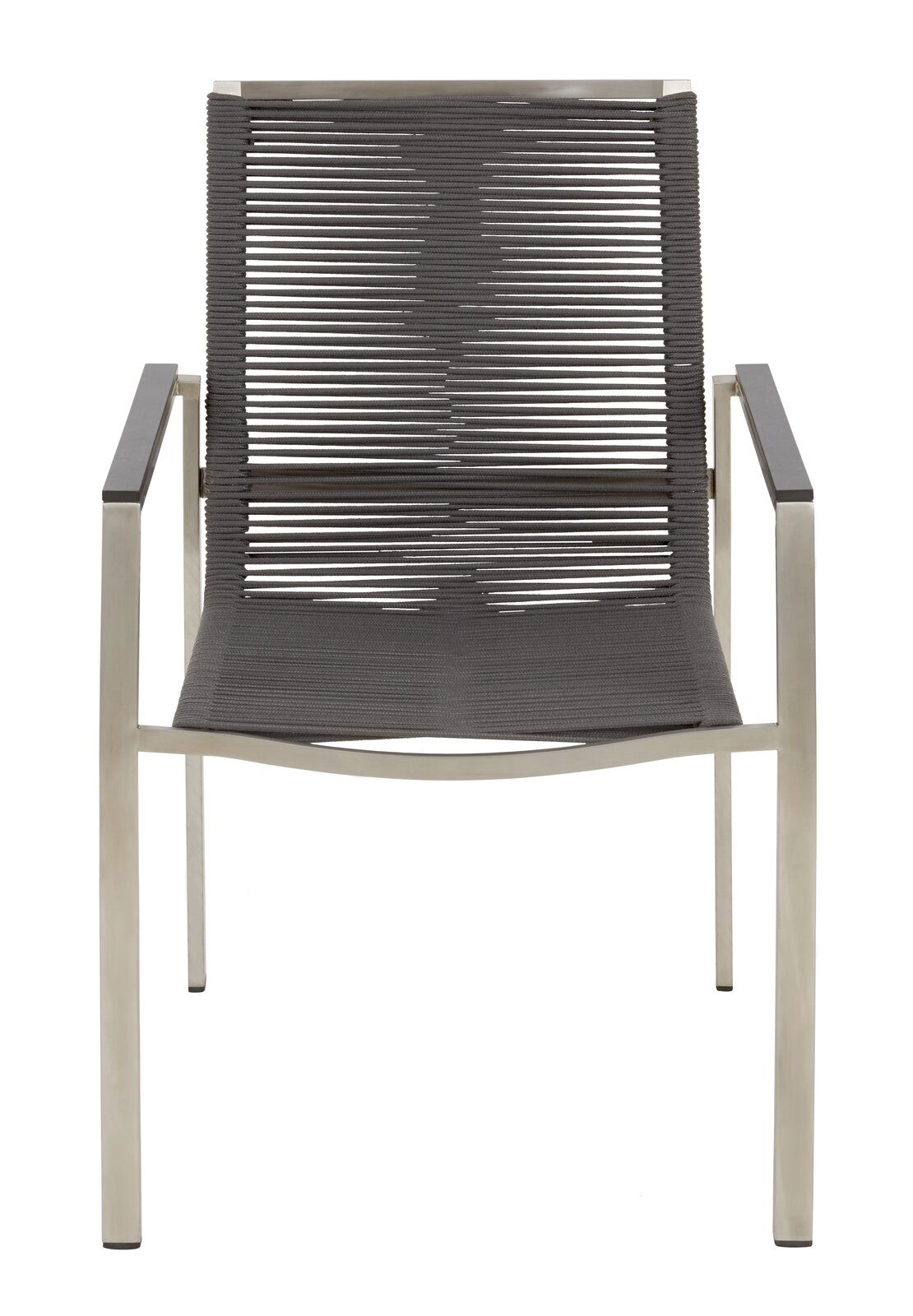 Moderner Gartensessel mit Metallrahmen und geflochtener Sitzfläche, Vorderansicht