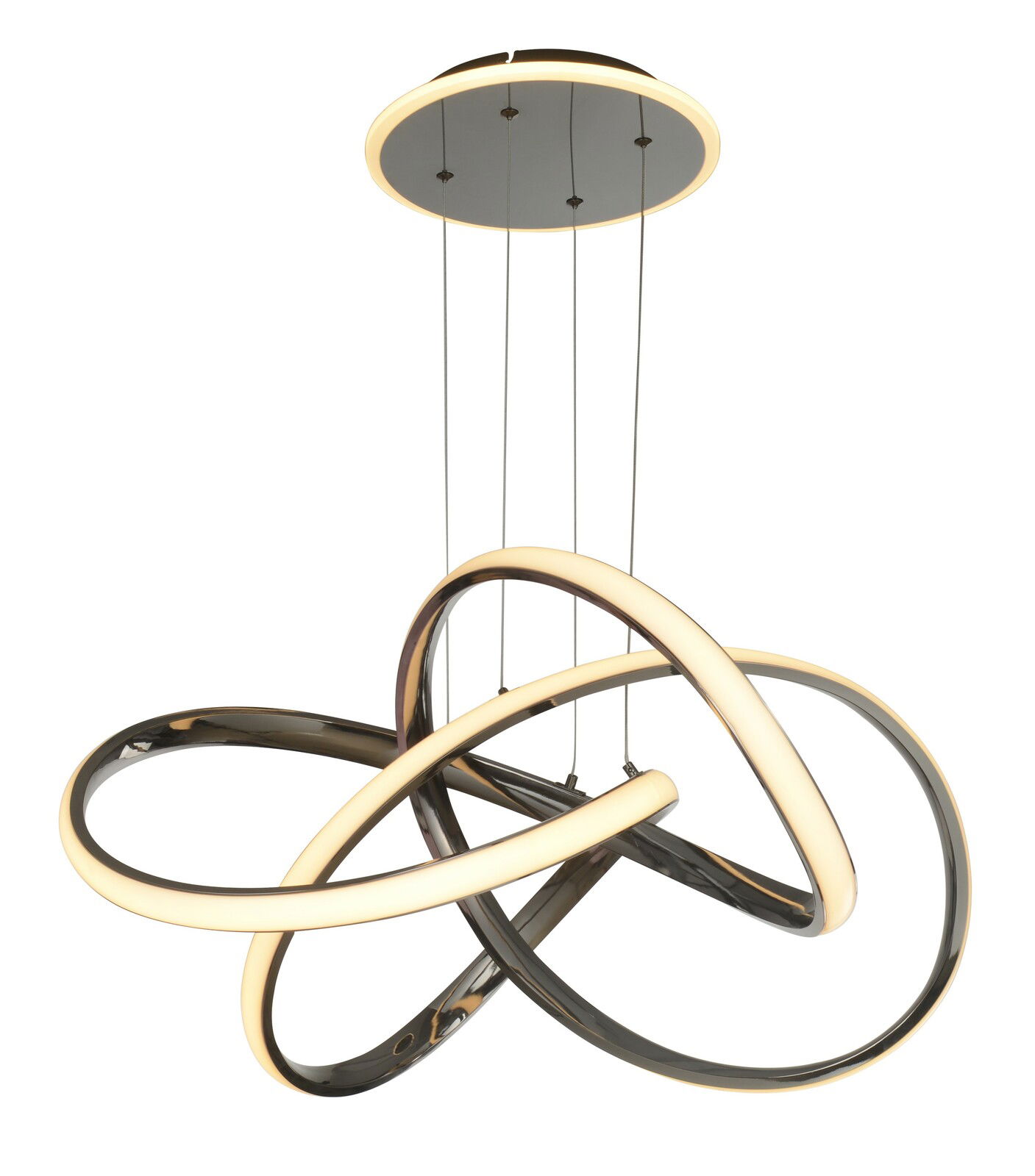 Geeti LED-Pendelleuchte BANDOL Moderne LED-Pendelleuchte mit verschlungenen, leuchtenden Ringen, von unten betrachtet.