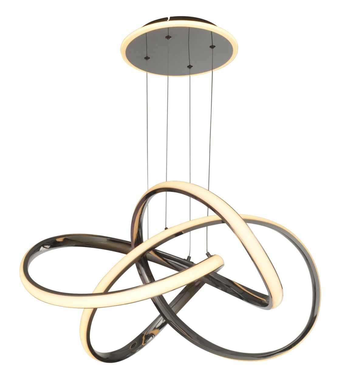 Moderne LED-Pendelleuchte mit verschlungenen, leuchtenden Ringen, von unten betrachtet.