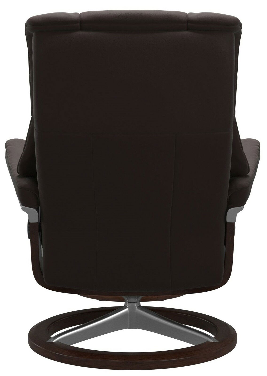 Rückansicht eines braunen Einzelsessels mit modernem Design und Metallgestell.