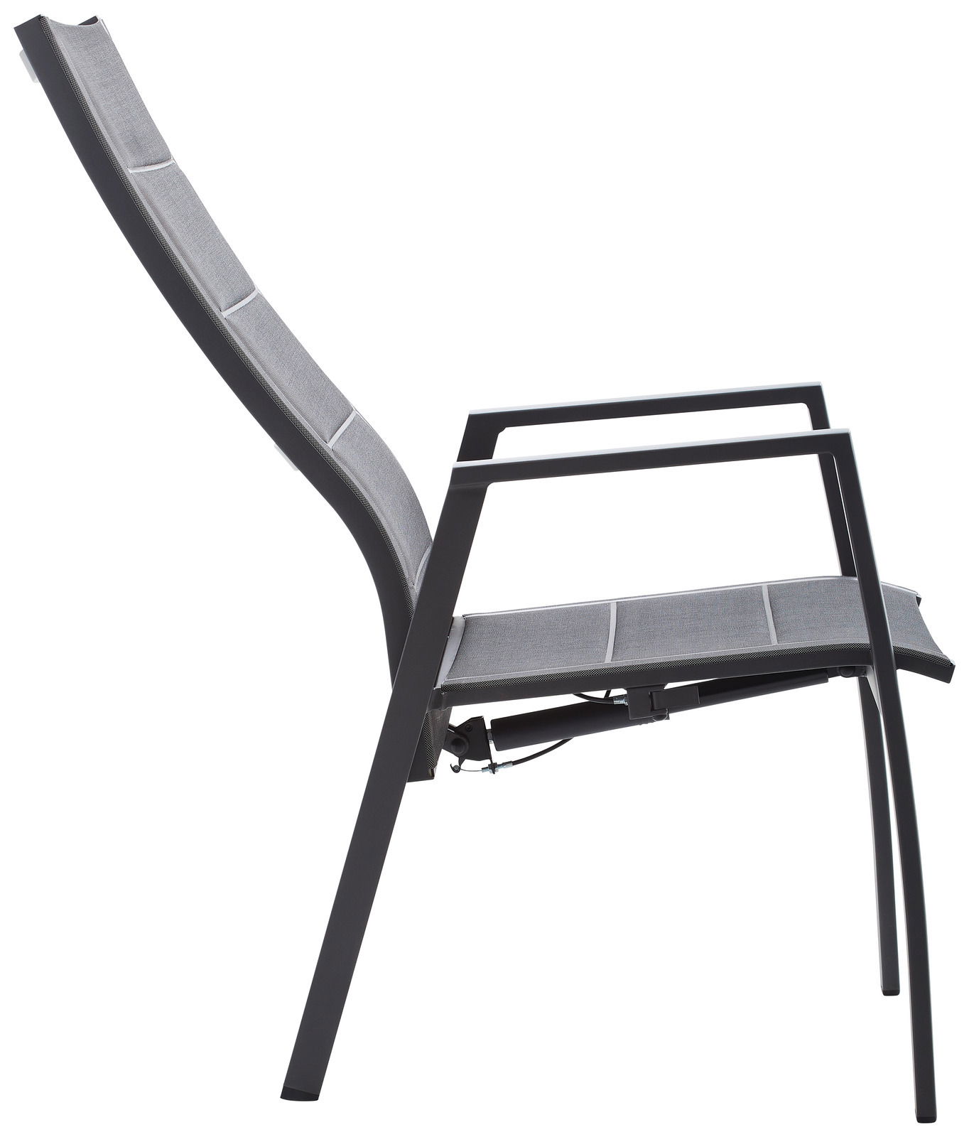 Seitliche Ansicht eines modernen Gartensessels mit grauem Stoffbezug und schwarzem Metallrahmen.