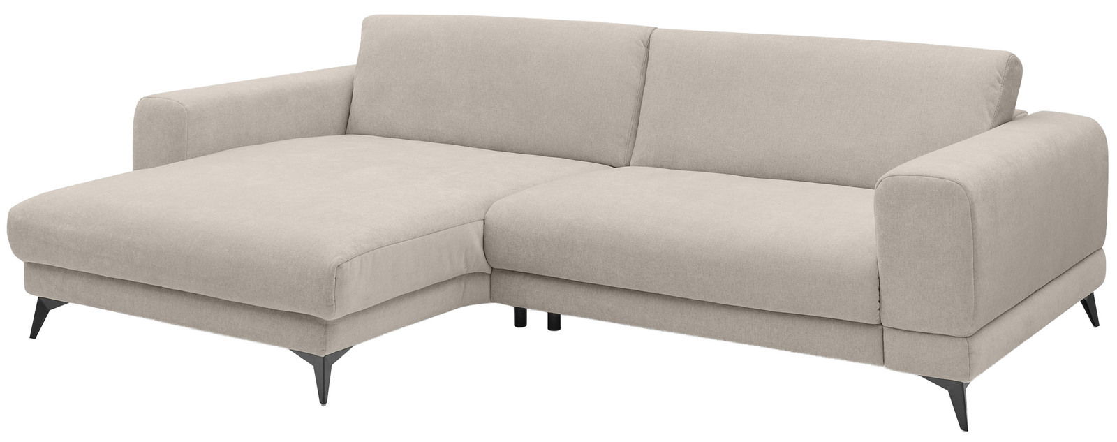 Beige Ecksofa mit linker Ottomane, moderne Metallfüße, seitliche Perspektive