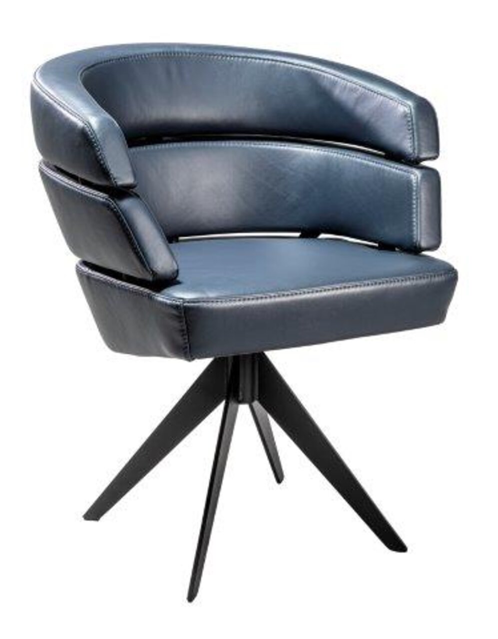 Moderne, draaibare fauteuil met zwarte lederen bekleding en metalen poten, zijaanzicht