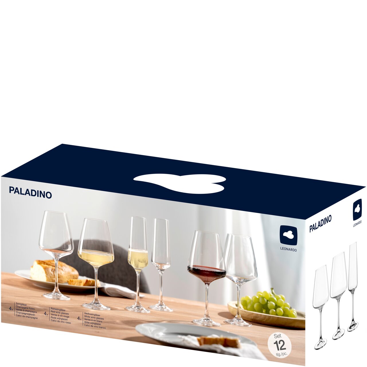 Verpackung des 12-teiligen Kelchglassets Paladino, seitliche Perspektive, zeigt verschiedene Weingläser auf einem Tisch mit Brot und Trauben.