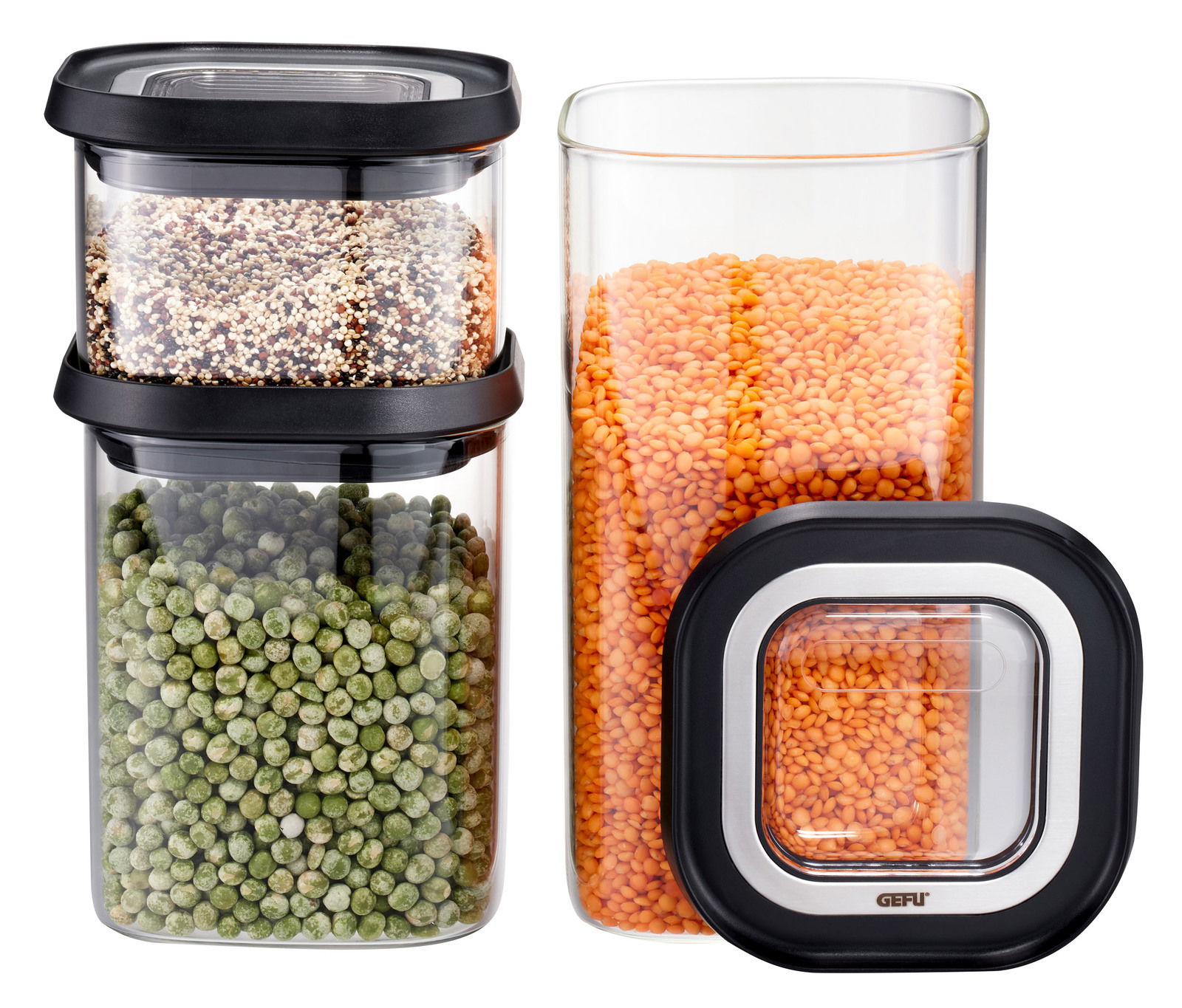 GEFU Vorratsdosenset 3-tlg. PANTRY Vorratsdosenset aus Glas, bestehend aus drei Teilen mit schwarzen Deckeln, gefüllt mit Linsen, Erbsen und Quinoa, frontal abgebildet.
