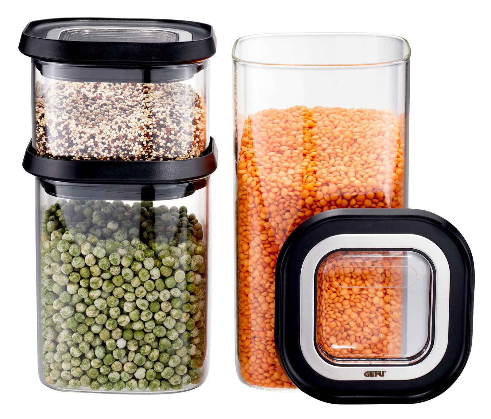 GEFU Vorratsdosenset 3-tlg. PANTRY Vorratsdosenset aus Glas, bestehend aus drei Teilen mit schwarzen Deckeln, gefüllt mit Linsen, Erbsen und Quinoa, frontal abgebildet.