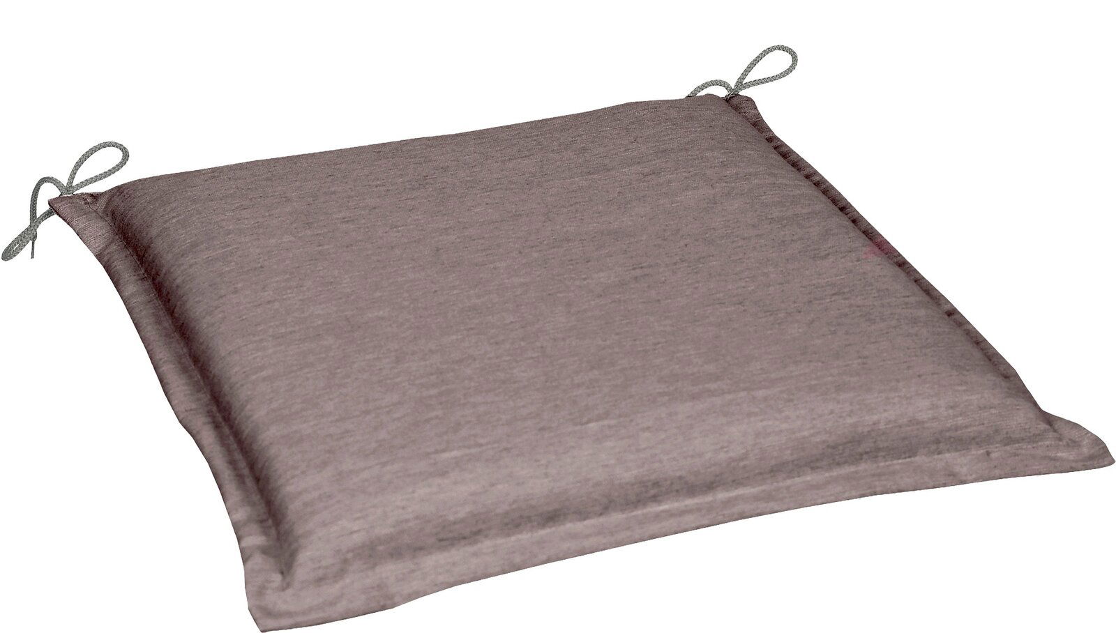 Graues, quadratisches Sitzkissen mit Bindebändern an den Ecken, in schräger Draufsicht freigestellt auf weißem Hintergrund
