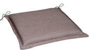 Graues, quadratisches Sitzkissen mit Bindebändern an den Ecken, in schräger Draufsicht freigestellt auf weißem Hintergrund