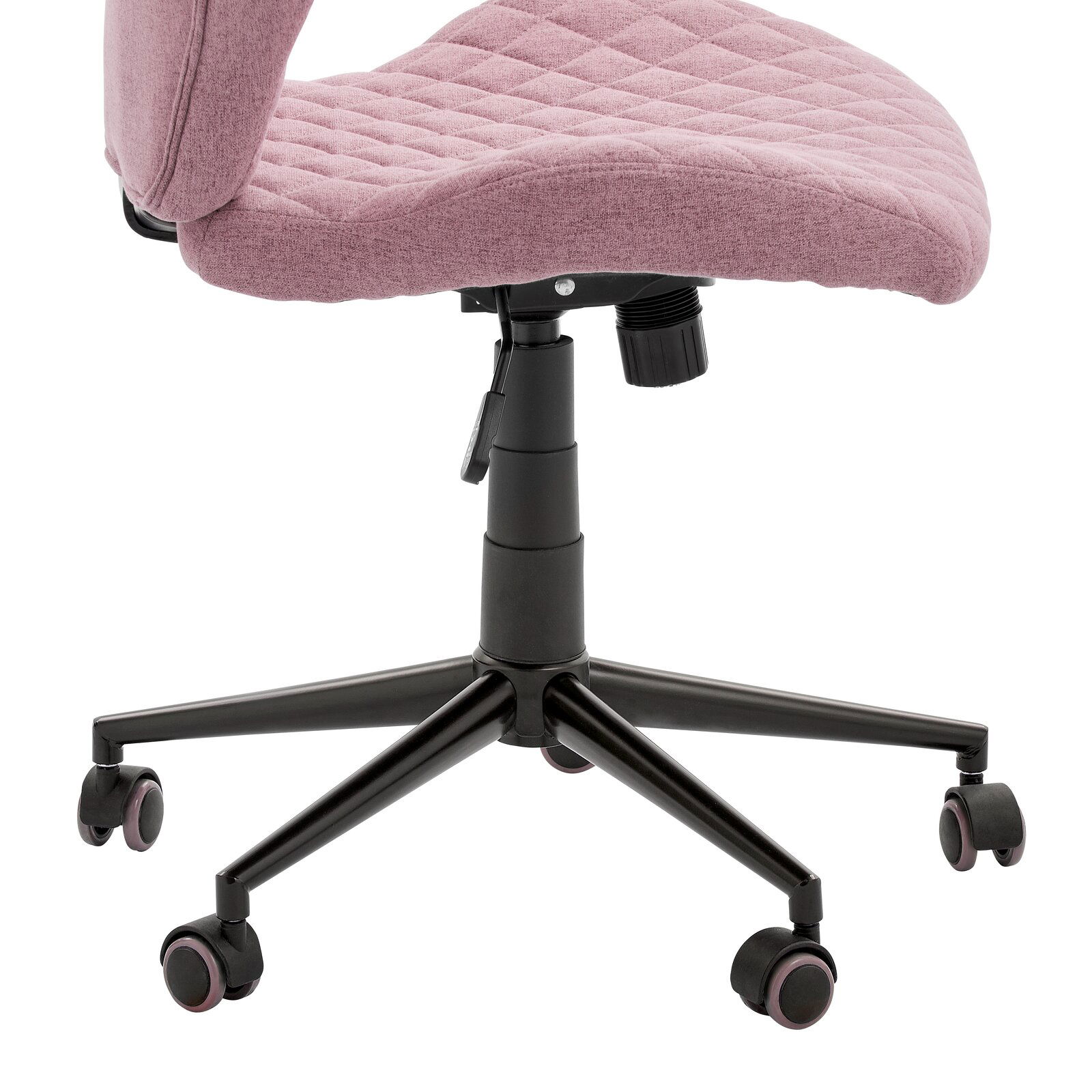 Drehstuhl mit rosa gepolstertem Sitz und Rückenlehne, schwarze Basis mit fünf Rollen, seitliche Perspektive