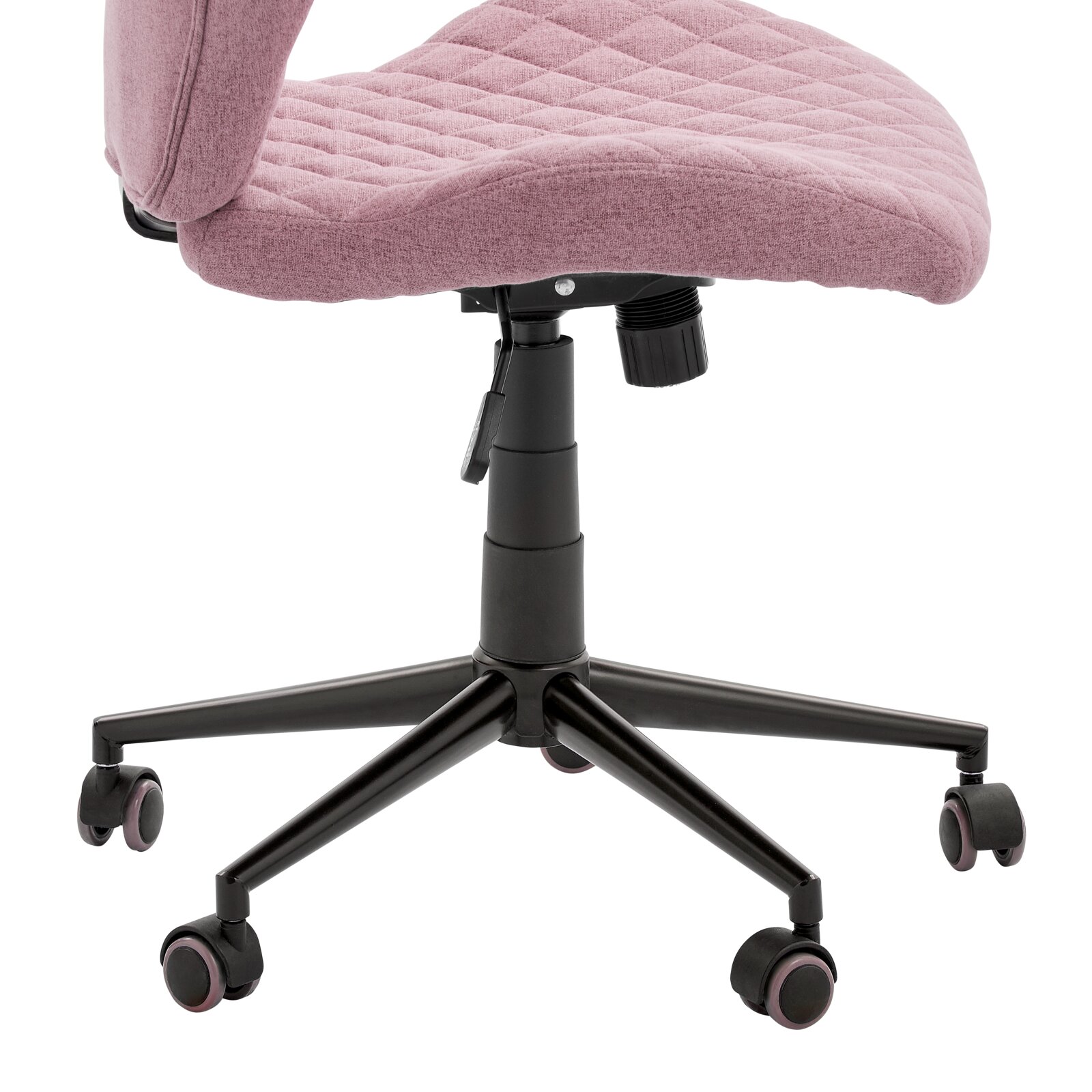 Drehstuhl mit rosa gepolstertem Sitz und Rückenlehne, schwarze Basis mit fünf Rollen, seitliche Perspektive