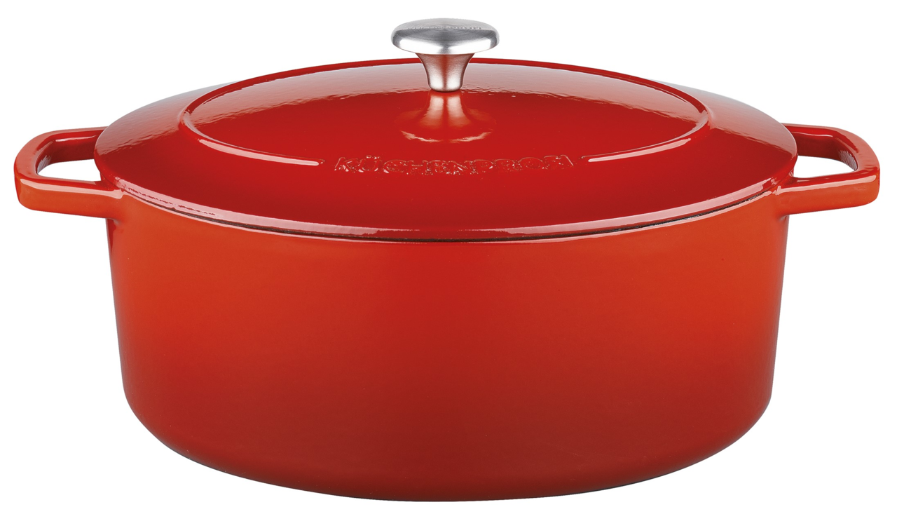 Roter Guss-Bräter oval 33 cm mit Deckel, seitliche Perspektive