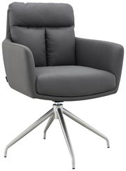 Grauer Armlehnstuhl mit Metallgestell, seitliche Perspektive