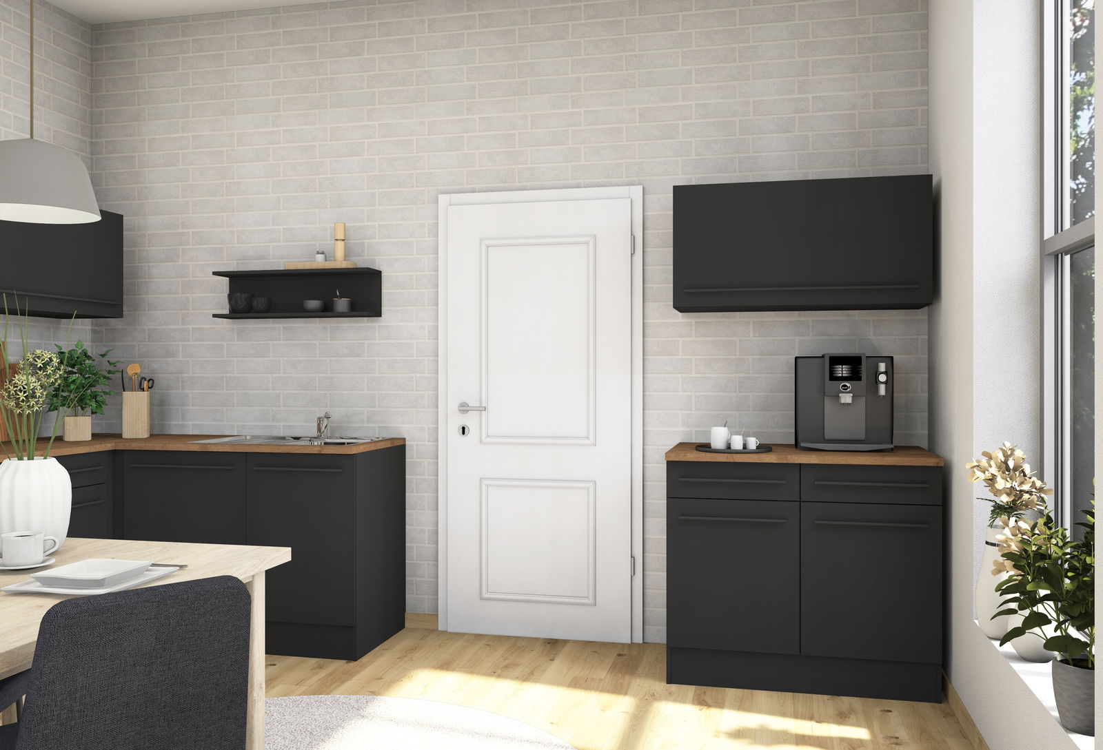 Yourkitchen Unterschrank JAZZ Moderne Küche mit dunklen Unterschränken und Holzarbeitsplatte, seitliche Perspektive