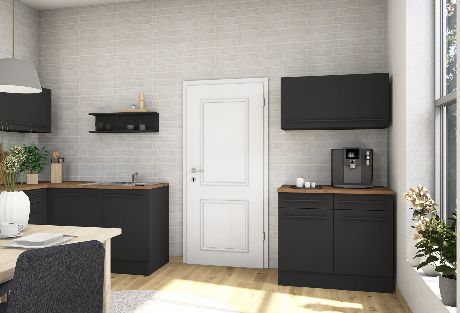 Yourkitchen Unterschrank JAZZ Moderne Küche mit dunklen Unterschränken und Holzarbeitsplatte, seitliche Perspektive