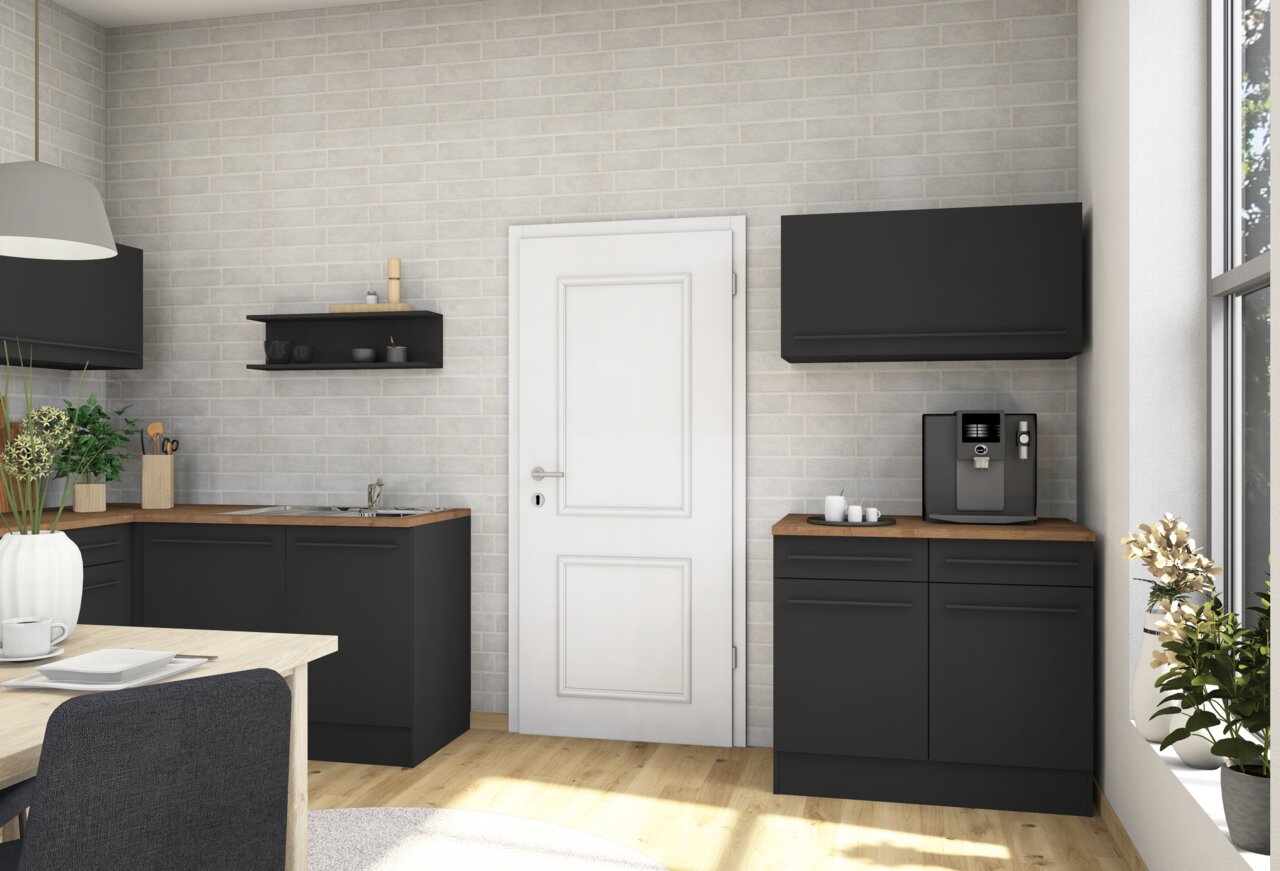 Yourkitchen Unterschrank JAZZ Moderne Küche mit dunklen Unterschränken und Holzarbeitsplatte, seitliche Perspektive