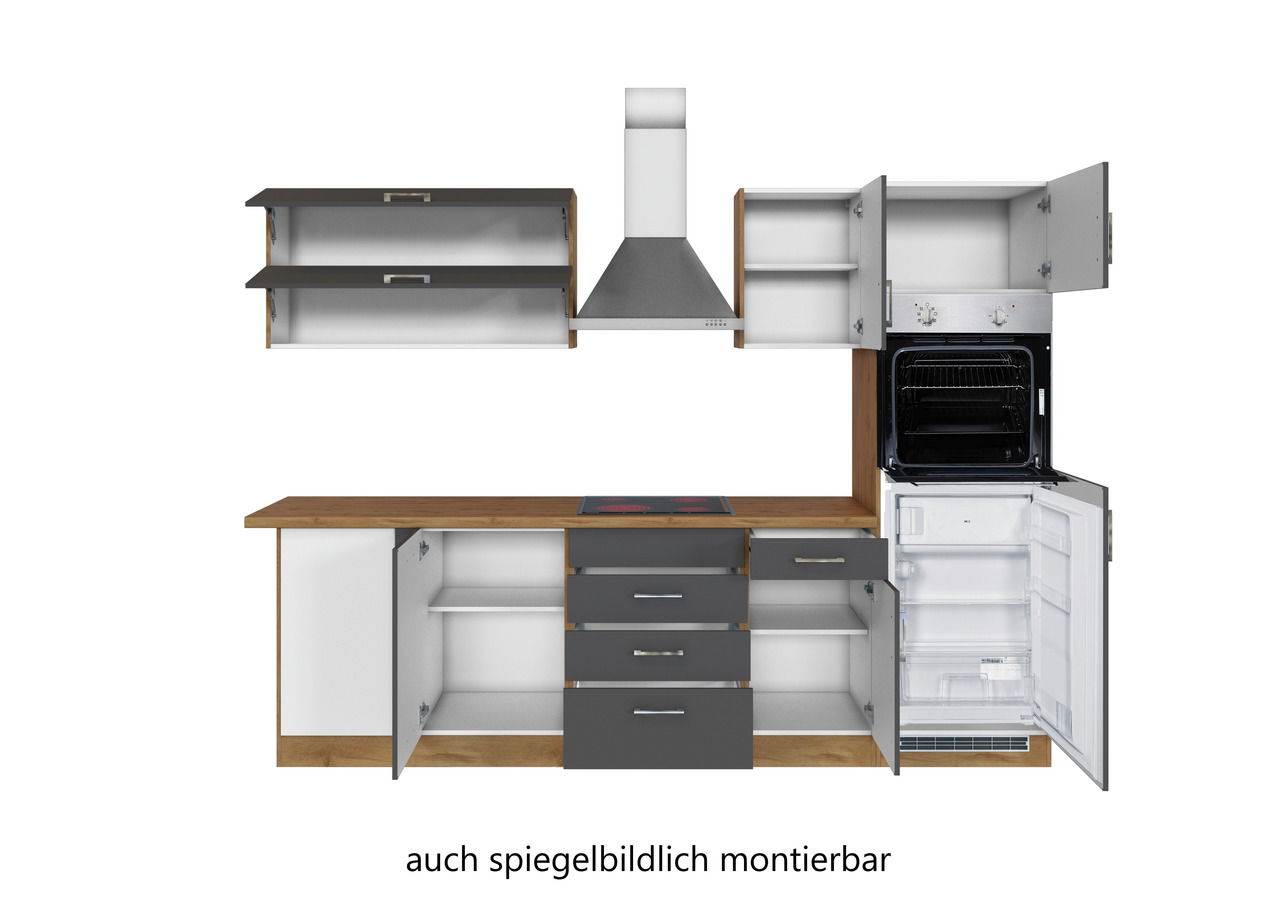 Moderne Eck-Küchenzeile mit Holzarbeitsplatte, grauen Schränken und eingebauten Elektrogeräten, frontale Ansicht.