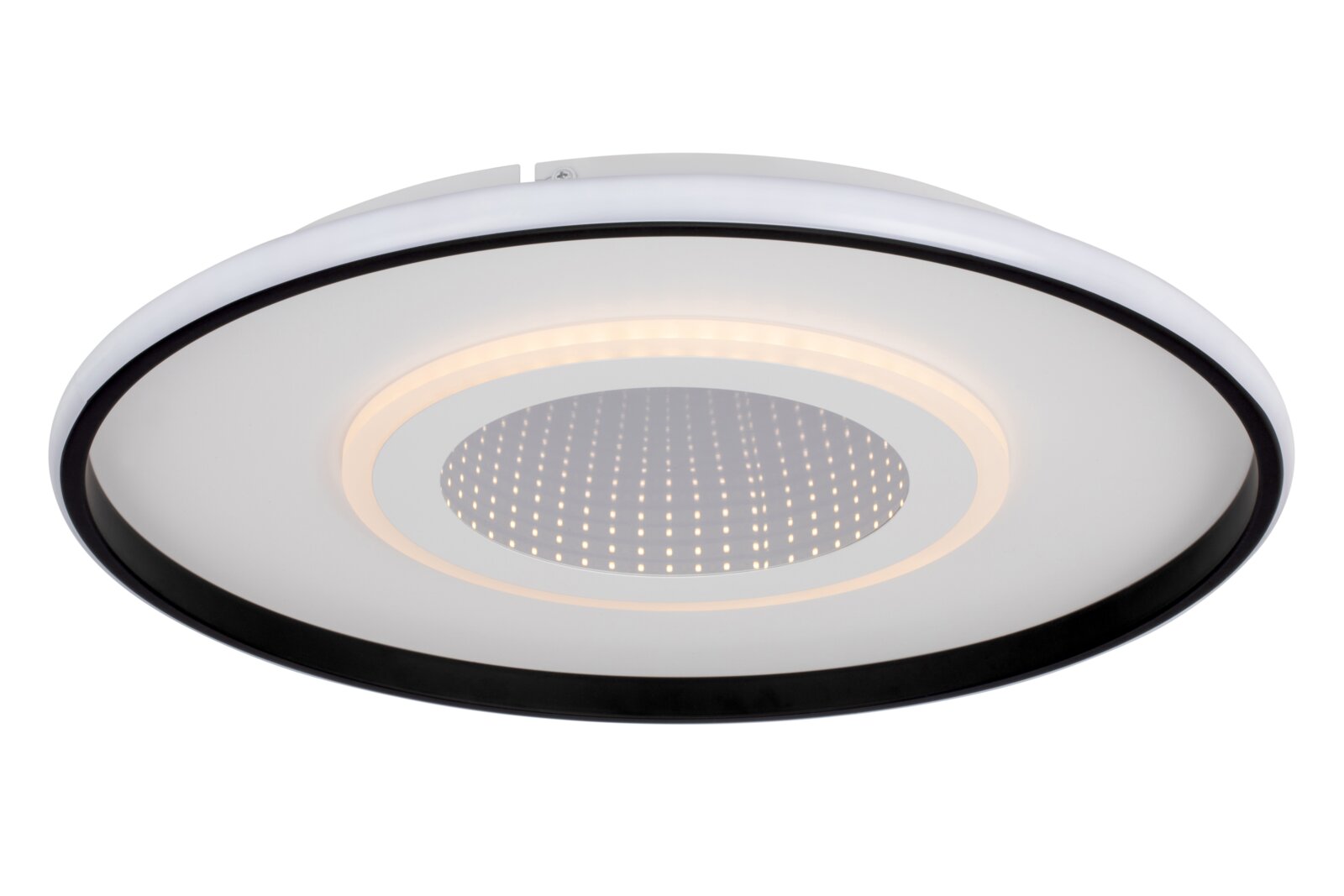 Moderne LED-Deckenleuchte mit kreisförmigem Design, seitliche Perspektive