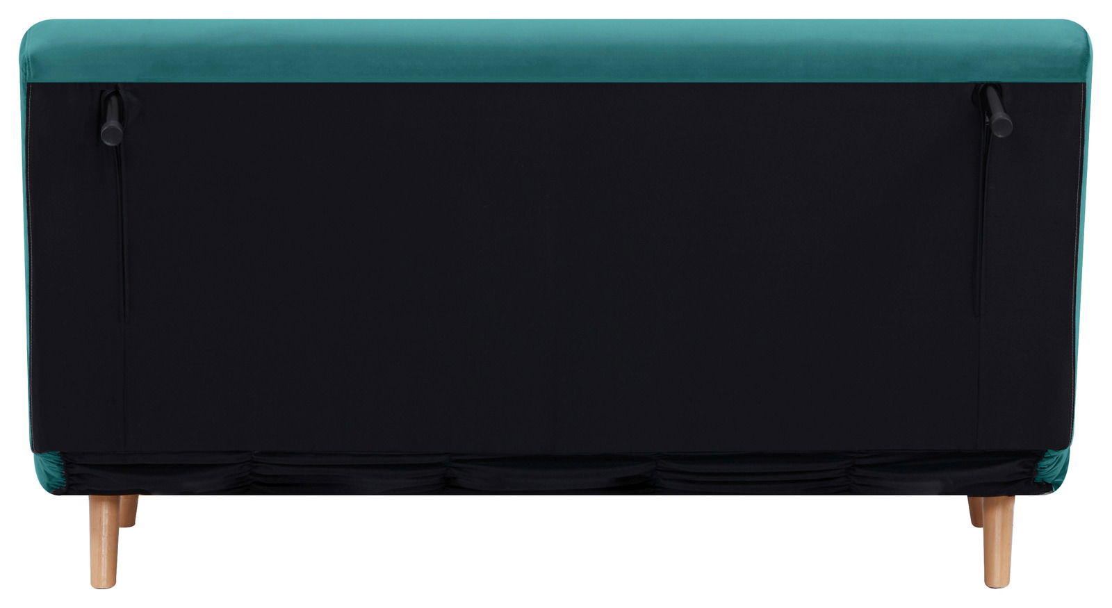 Rückansicht eines Funktionssofas mit schwarzem Rücken und grüner Oberkante, auf Holzfüßen stehend.