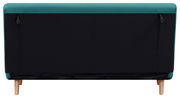 Rückansicht eines Funktionssofas mit schwarzem Rücken und grüner Oberkante, auf Holzfüßen stehend.