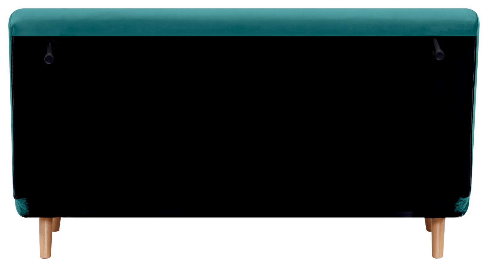 Rückansicht eines Funktionssofas mit schwarzem Rücken und grüner Oberkante, auf Holzfüßen stehend.