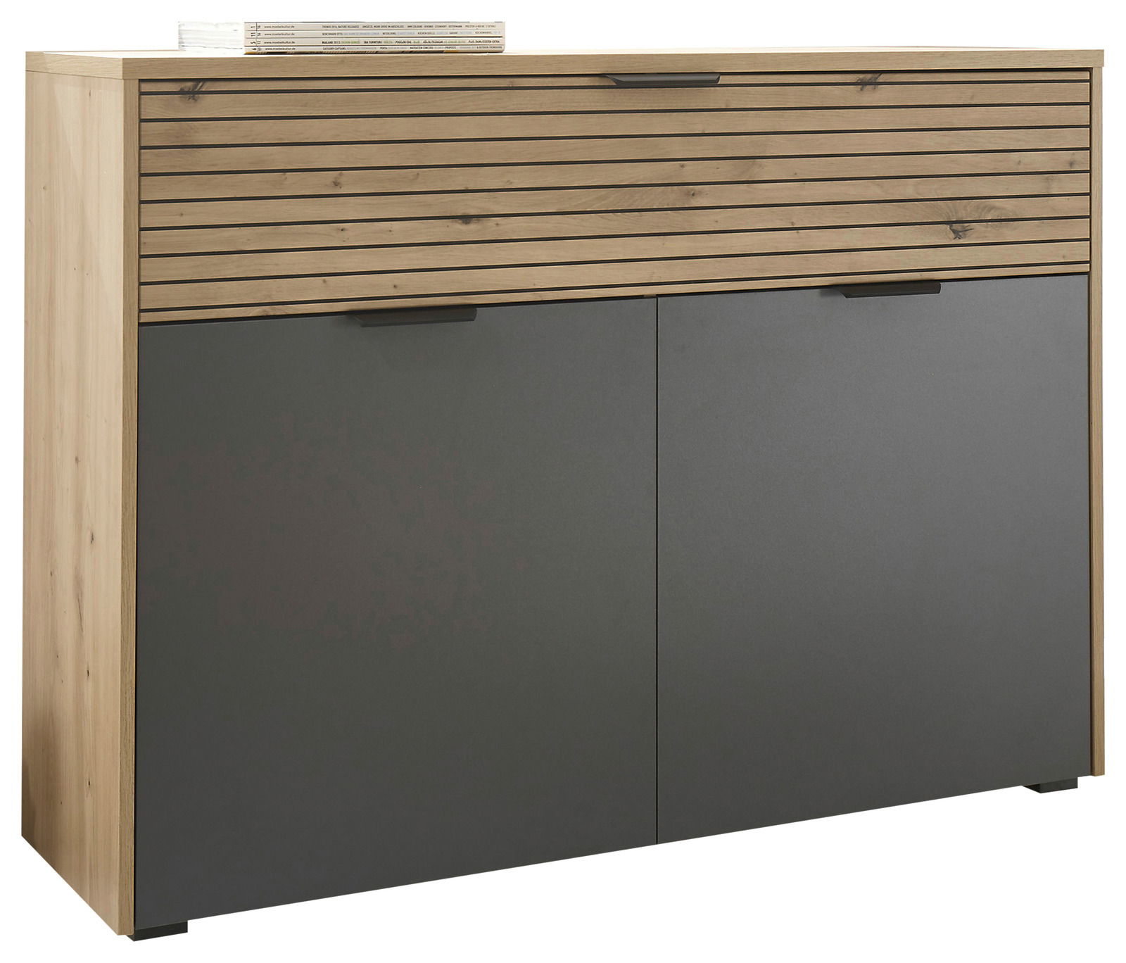 Moderne Kommode mit Holz- und Grautönen, frontal betrachtet