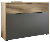 Moderne Kommode mit Holz- und Grautönen, frontal betrachtet