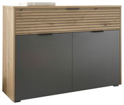 Moderne Kommode mit Holz- und Grautönen, frontal betrachtet