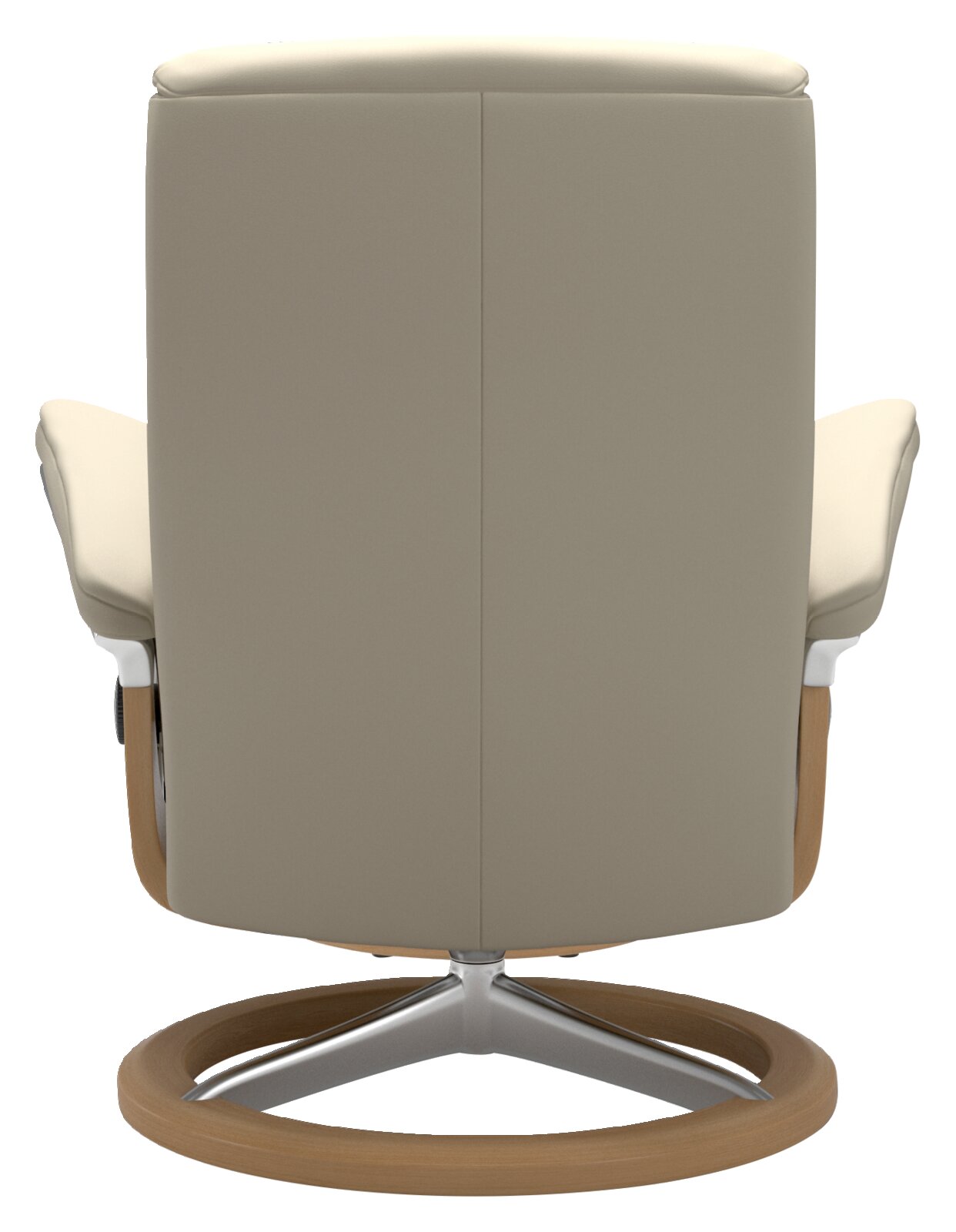 Achterkant van een moderne fauteuil met een draaibare voet van hout en metaal