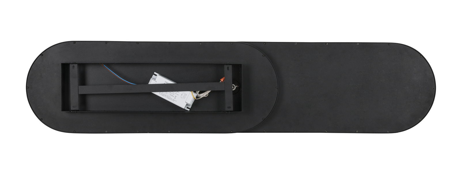 Rückansicht eines schwarzen LED-Panels mit ovaler Form und sichtbaren Kabeln.