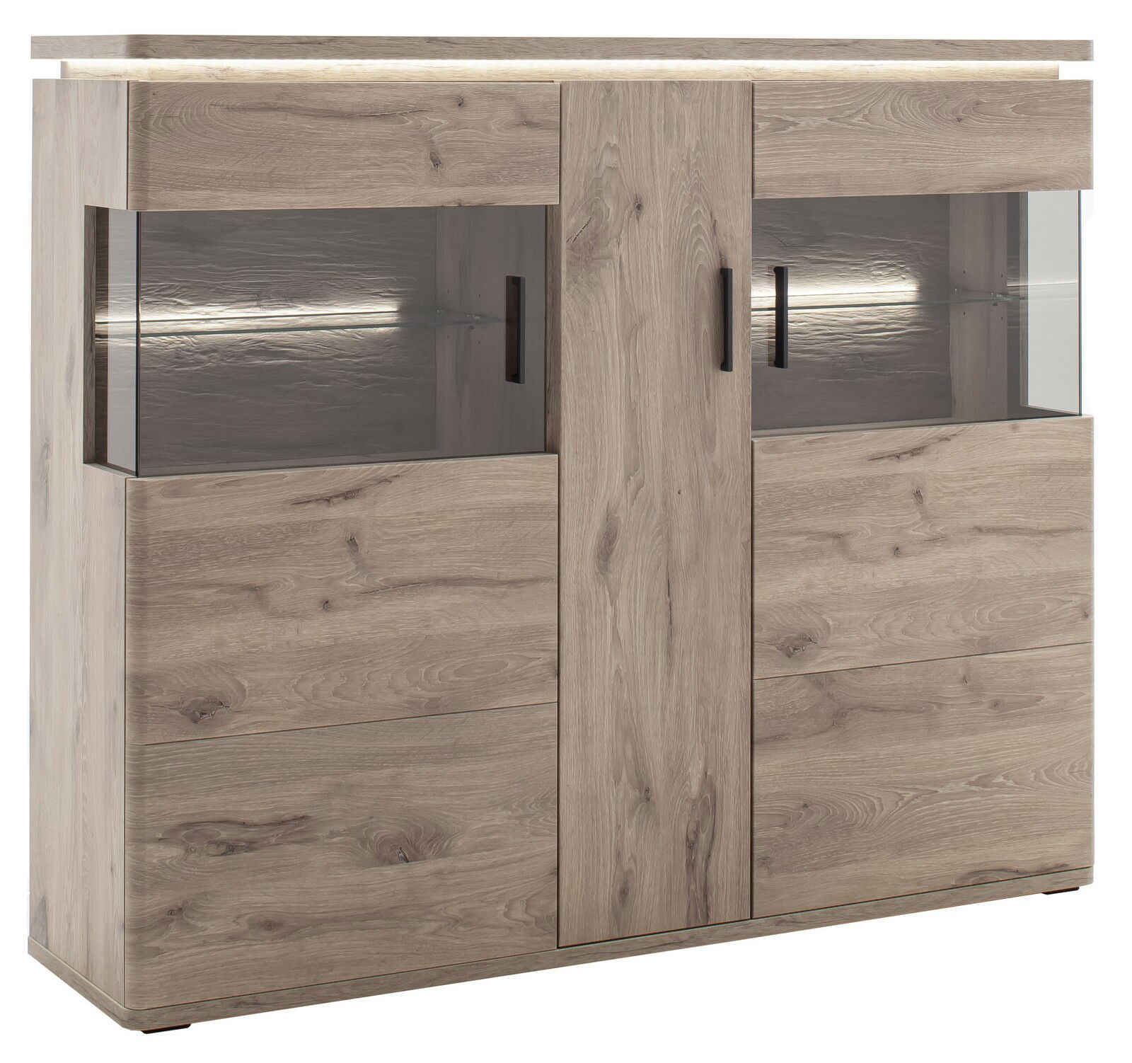 Zurbrüggen Highboard MODENA Helles Holz-Highboard mit Glaseinsätzen und LED-Beleuchtung, frontale Perspektive