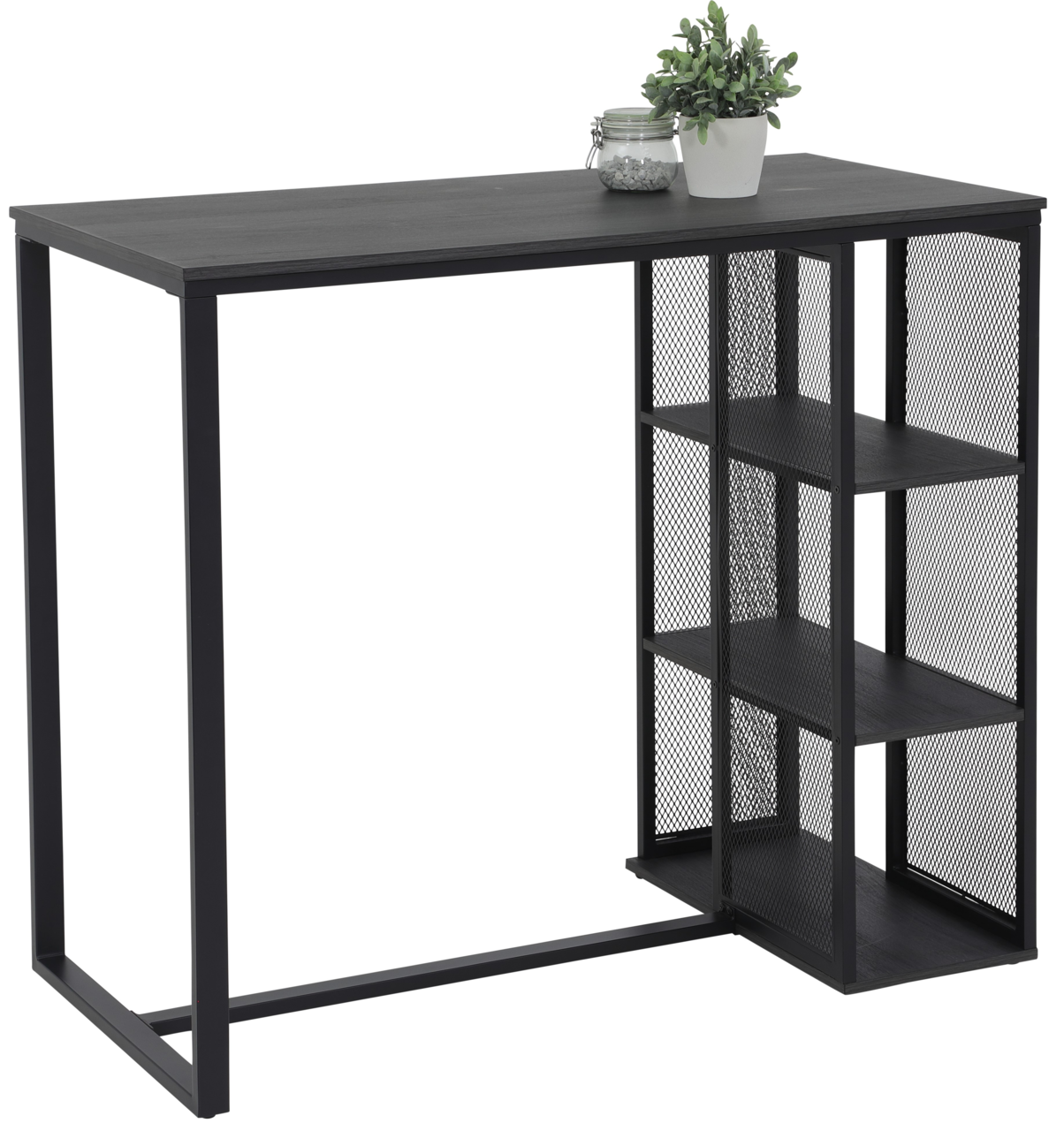 Z2 Bartisch KLARA Moderner schwarzer Bartisch mit integriertem Regal, seitliche Perspektive