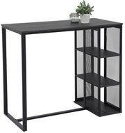 Moderner schwarzer Bartisch mit integriertem Regal, seitliche Perspektive