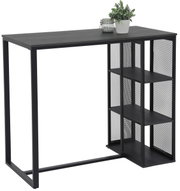 Moderner schwarzer Bartisch mit integriertem Regal, seitliche Perspektive