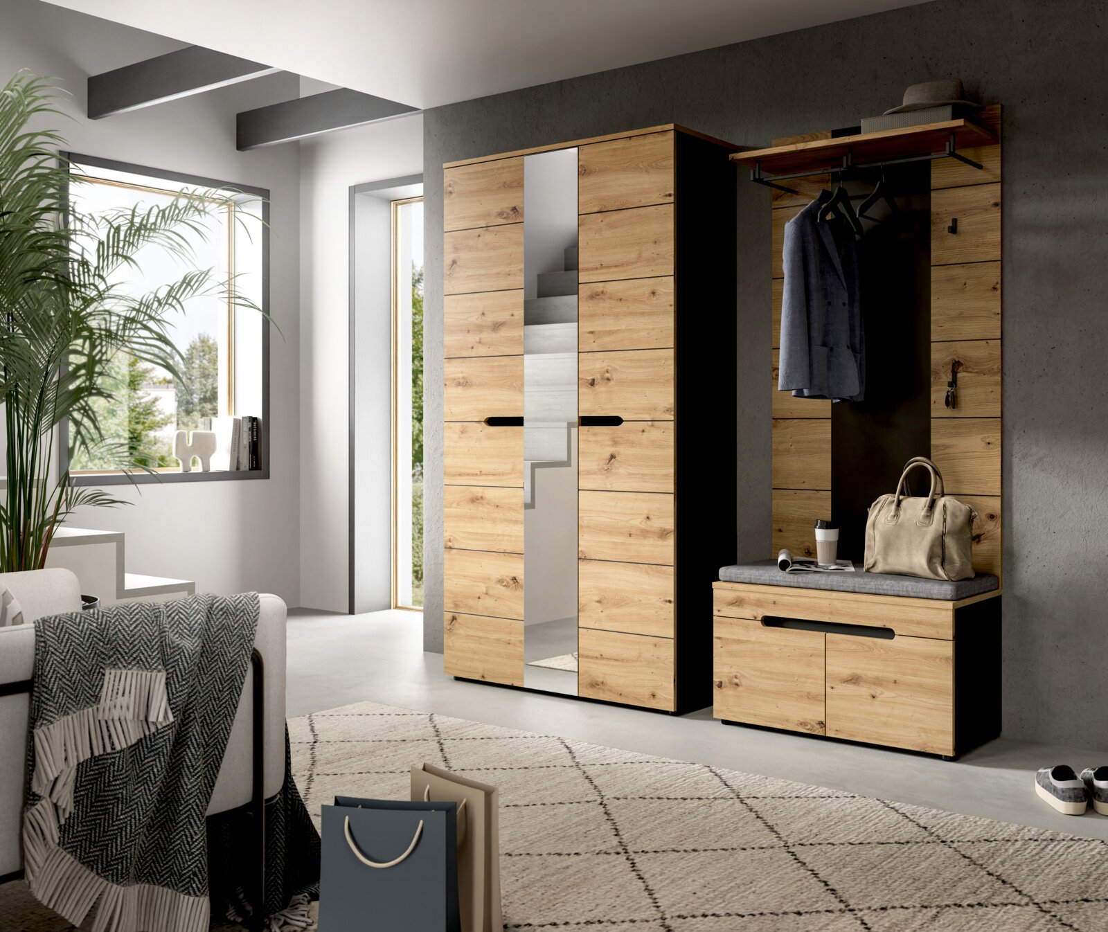 MID.YOU Garderobenschrank CANU Moderne Garderoben-Kombination aus Holzoptik mit Kleiderschrank inklusive mittigem Spiegel und Sitzbank mit Kleiderhaken und Ablage, gezeigt in leichter Frontansicht im Wohnraum.