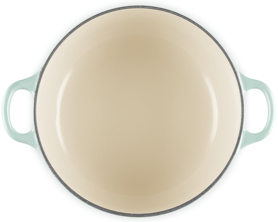 Runder Kochtopf/Bräter mit zwei seitlichen Griffen in Mintgrün und heller Innenbeschichtung, Draufsicht von oben auf weißem Hintergrund