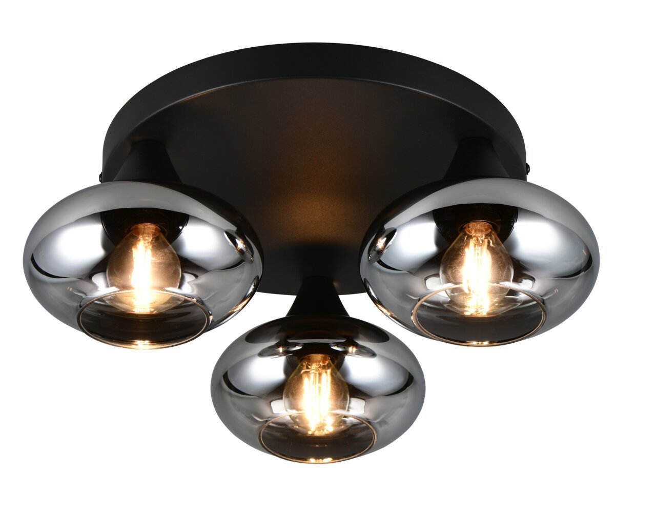 Moderne plafondlamp met drie glanzende, bolvormige metalen lampenkappen, gezien van onderaf.