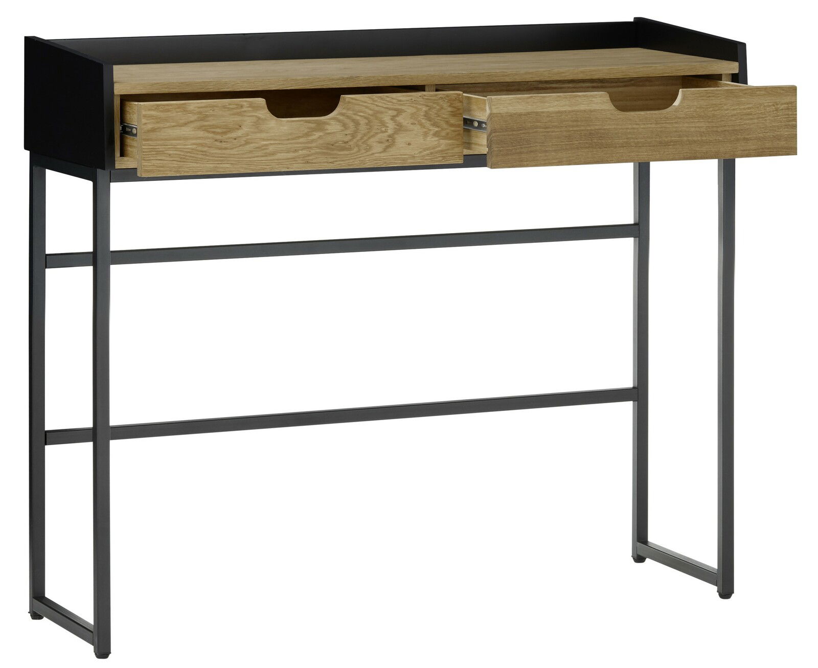 Moderne Konsole mit zwei offenen Schubladen, Holzoberfläche und schwarzem Metallrahmen, seitliche Perspektive