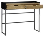 Moderne Konsole mit zwei offenen Schubladen, Holzoberfläche und schwarzem Metallrahmen, seitliche Perspektive