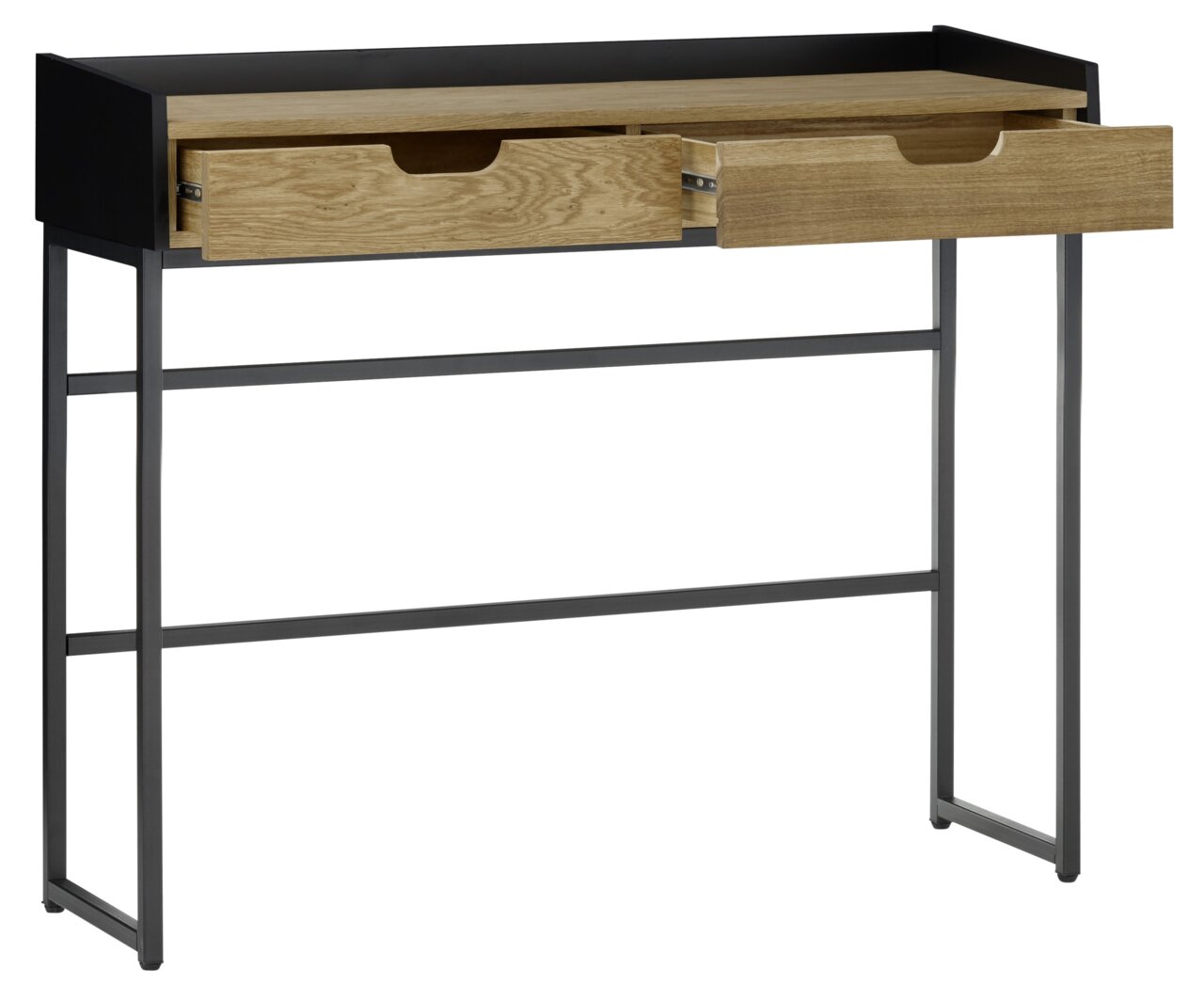 Moderne console met twee open lades, houten oppervlak en zwart metalen frame, zijaanzicht